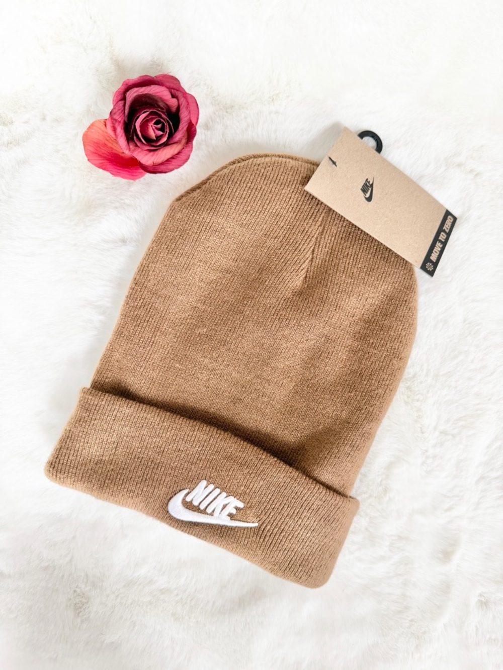 New with tags Nike light Brown Unisex Cuffed Beanie with White Logo. Fold up.